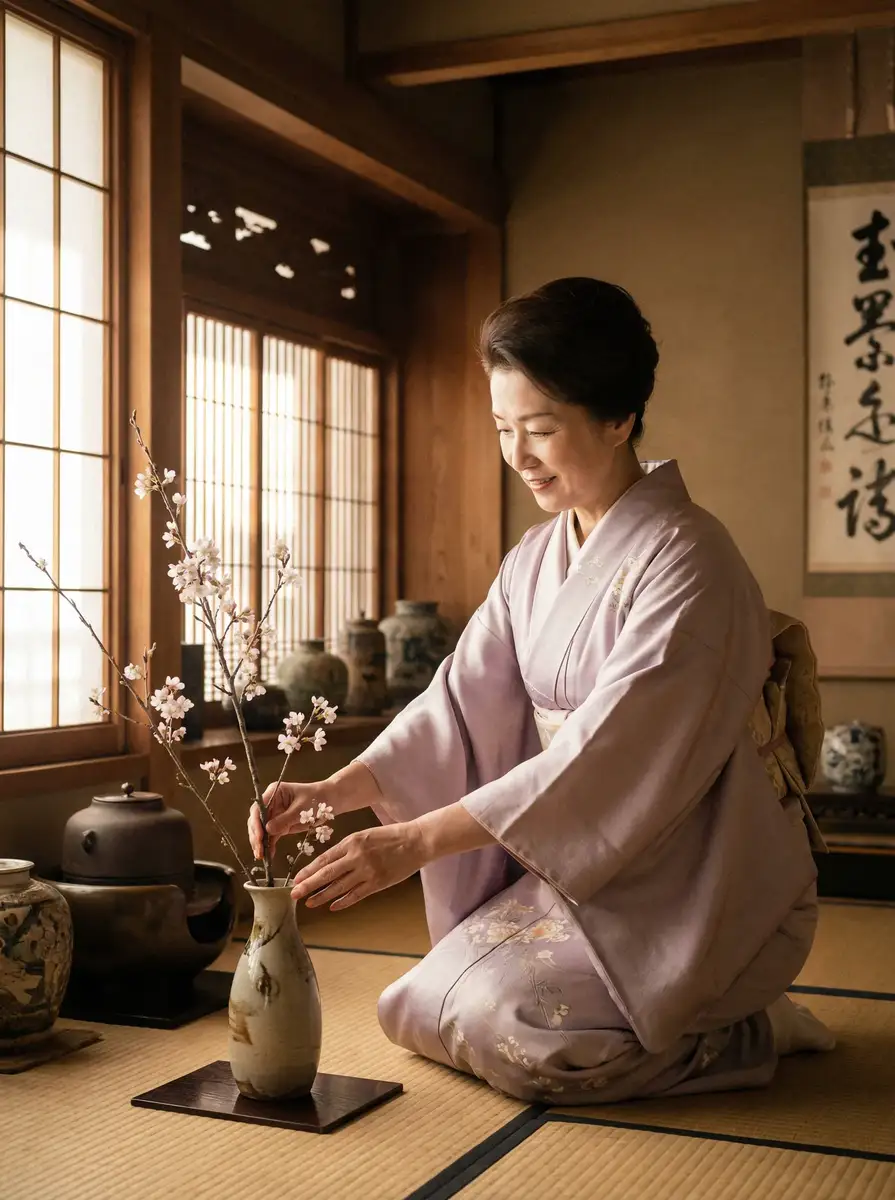 一位优雅的 九州平台 在和室中插花